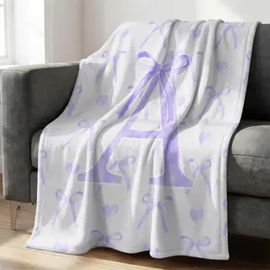Purple Watercolor Bow & Letter A Print Flannel Blanket, Soft Throw Blanket, Cozy Warm Coquette Aesthetic Lightweight, Ideal Gift Blanket for Girls, Bedroom, Sofa, Couch, Travel, All Seasons
