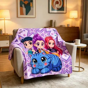 K Pop Demon Hunters Huntrix Rumi Mira Zoey Flannel Blanket For Adults And Children, Cute Blue Cat Cartoon Print Soft Warm Throw Blanket For Bed Sofa Camping Travel, Action Figure Fans Gift, Bedding Blankets