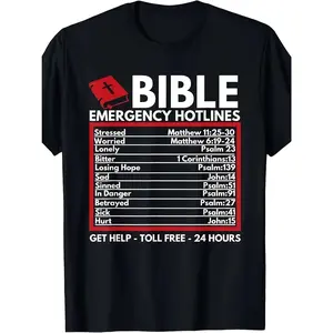 Men's Funny Christian Bible Emergency Numbers T-Shirt - 24-Hour Prayer Bible Verse Design with 1-Psalms, Matthew, Mark, Luke, John, Romans, Corinthians, Galatians, Ephesians, Philippians, Colossians, Thessalonians, double Vintage Menswear Casual Crewneck
