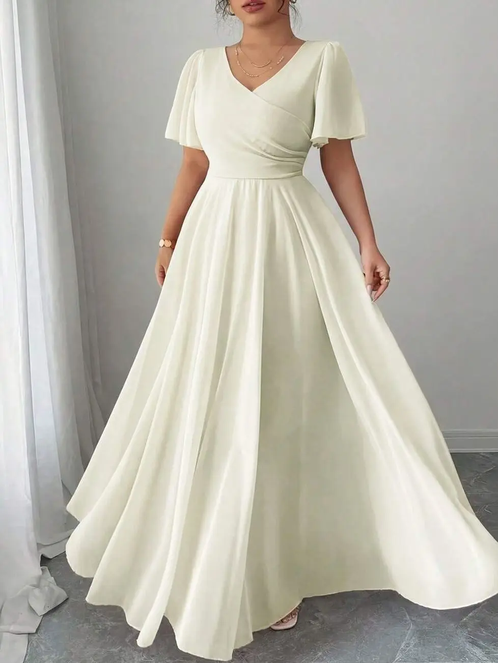 Plus Size Spring/Autumn Party Wedding Guest Chiffon Ruffle Sleeve Cinched Waist V-Neck A-Line Simple Elegant Romantic Exquisite Flowy Women's Long Dress