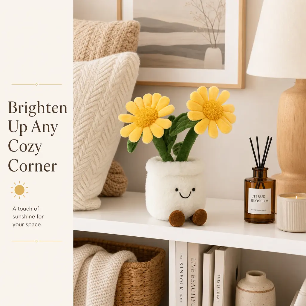Smilebella 14" Cute Double Sunflower Soft Plush Stuffies - Fluffy Stuffed Flower Potted Plant Toy, Decorative Ornaments for Desk, Aesthetic Room Decor, Happy Healing Gift