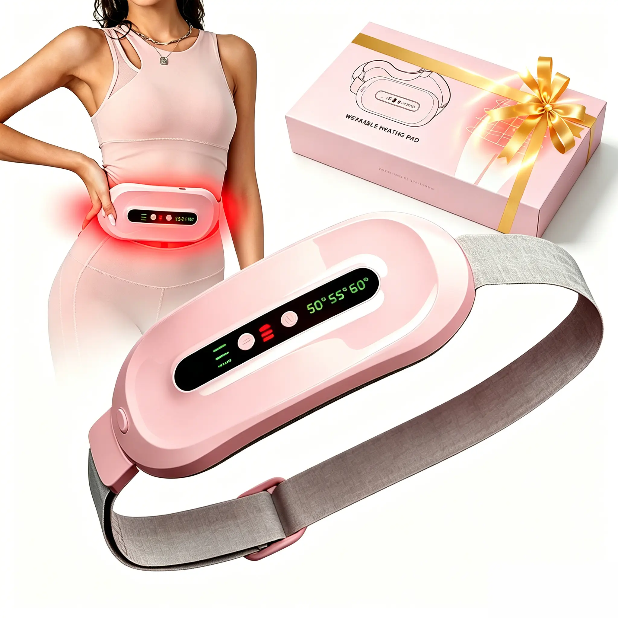 Wearable Battery-Powered Electric Heating Massage Pad, Portable Massager Waist Belt with Vibration Massage, 3-Level Hot Compress for Abdominal Relaxation, Valentine's Day Gift for Women