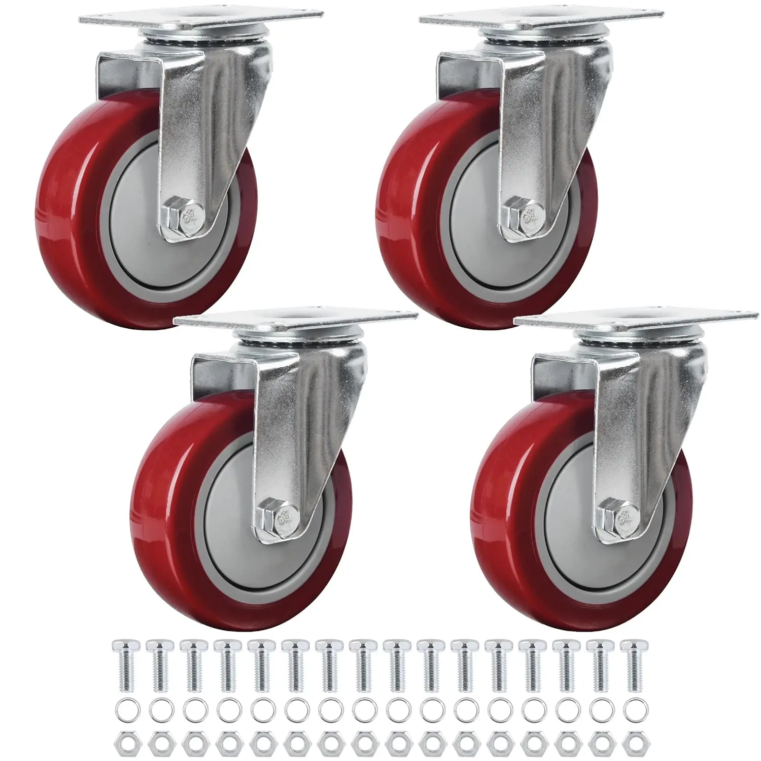 4" Swivel Casters Wheels Set of 4 Plate Casters Heavy Duty  Polyurethane Wheels PU Load Bearing 2,600 Lbs Anti-wear Smooth Casters Red (Free Screws)