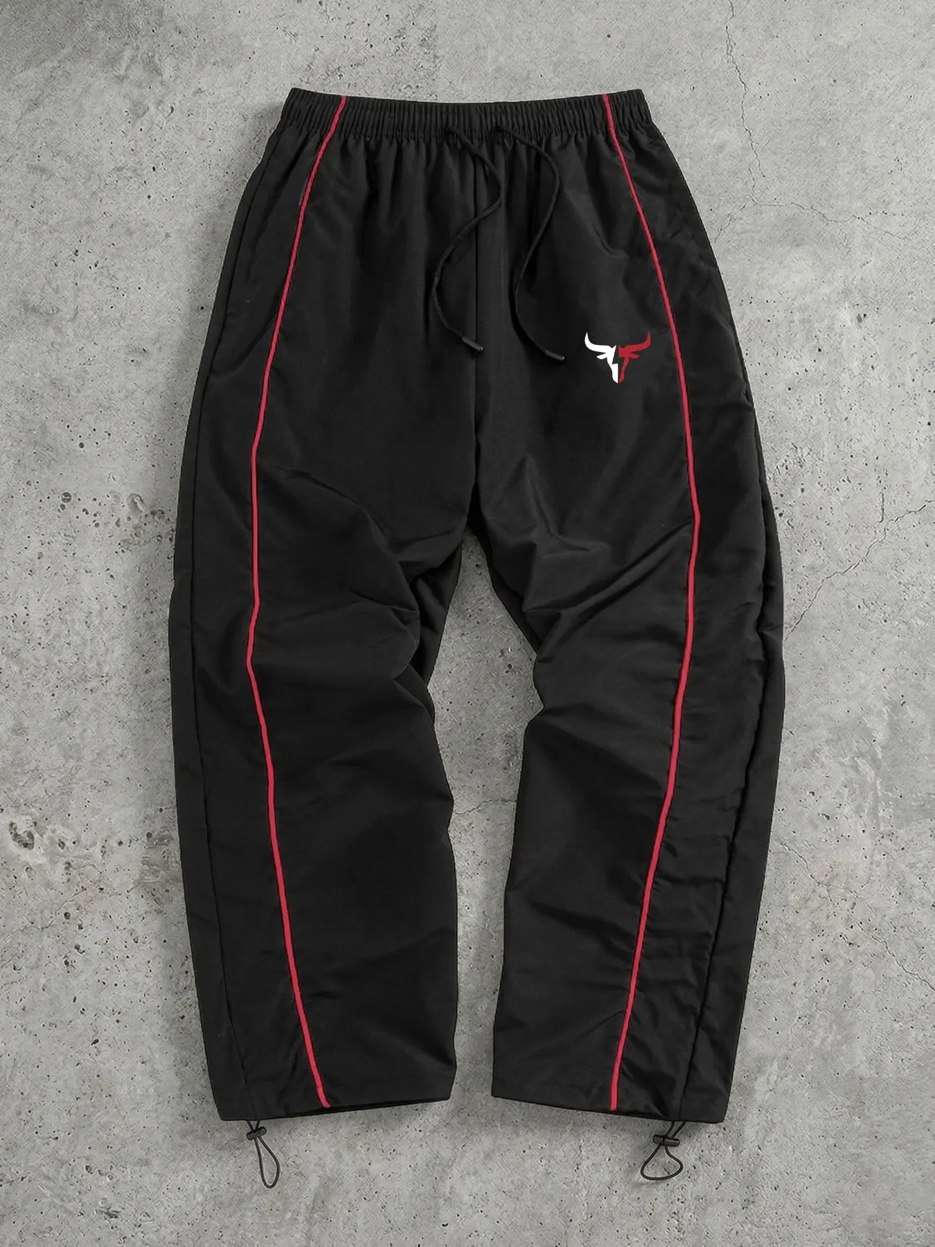 Men's Bull Print Trendy Sporty Pants with Lines, Gym Workout Running Trousers with Side Pockets, Athletic Quick Dry Breathable Sweatpants, Drawstring Elastic Waist, Adjustable Cuffs, Drawstring Sports Pants