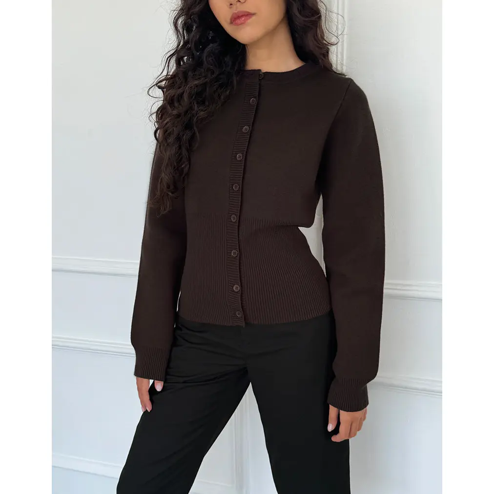 Subra Long Sleeve Ribbed Hem Cardigan in Bitter Chocolate