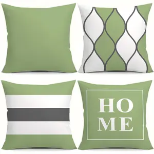 4pcs Light Green Minimalist Home-themed Pillowcases: Includes solid light green, diamond pattern, black-white stripe, "HOME" lettering styles. Main tone light green, minimalist and fresh, fits home decor, brings warm and cozy vibe