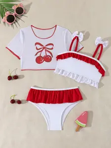 Girls' Cute Bikini Set with Thin Straps, Pleated Hem, Cherry Print Short Sleeve Top, Summer Beachwear, Perfect for Pool Parties, Bow Swimsuit, Swimwear Sets