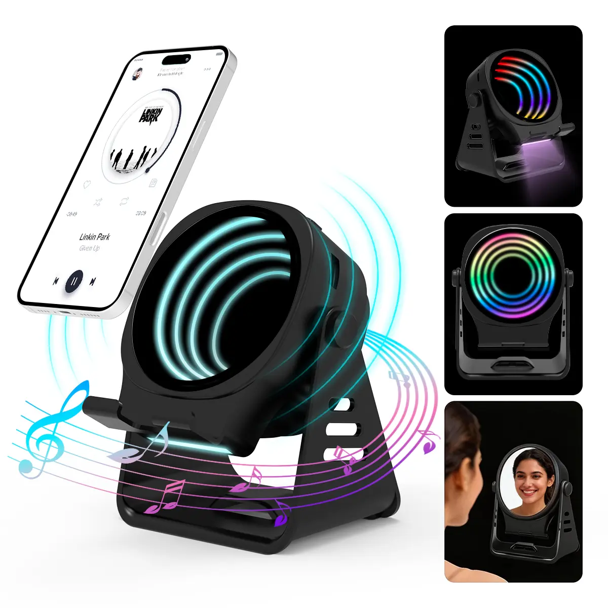 Wireless Induction Speaker 5-in-1 Bluetooth Speaker with Phone Stand,Surround Sound, Mirror&Rechargeable Amplifier, RGB Light, 360° Adjustable Holder for iPhone/Android/iPad,Gifts for Men Women(Black)), Audio, Smartphone