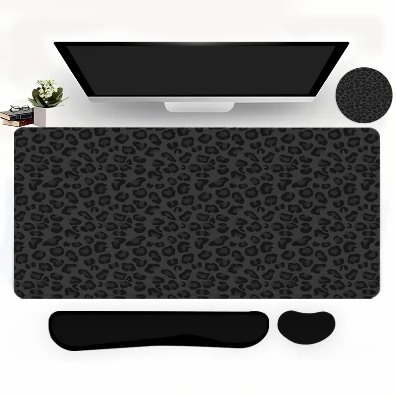 4-in-1 Leopard Print Large Gaming Mouse Pad + Keyboard Wrist Rest + Mouse Pad with Wrist Support + CoasterSet with Ergonomic Design for Home Office Table Computer,Rubber Base Mousepad with Stitched Edges,Easy Typing Pain Relief
