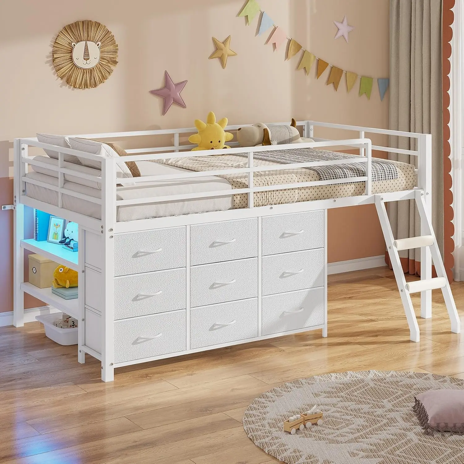 [SummerSale] Sikaic Twin Loft Bed, Low Loft Bed Twin Size with 9 Drawers Storage Dresser, LED Lights, 2 Storage Shelves & Stairs, Metal Bed Frame with Safety Guardrail, Space-Saving Design, White, Home Furniture, Dorm Essentials