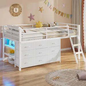 Sikaic Twin Loft Bed for Kids, Low Loft Bed Twin Size with 9 Storage Dresser, LED Lights, 2 Storage Shelves & Stairs, Metal White Bed with Safety Guardrail for Young Teens, Space Saving