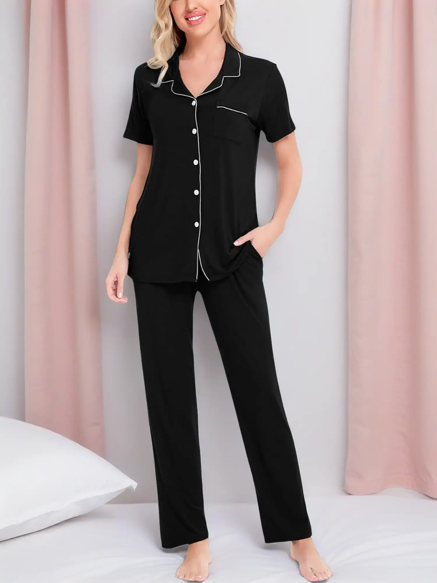 SWOMOG Women's 2-Piece Solid Modal Pajama Set - Short Sleeve Button Down Top, High Waist Straight Long Pants, Stretchy Nursing Loungewear with Pockets, Perfect Gift for Anniversary, Basic Nightwear, 2 Piece Sets