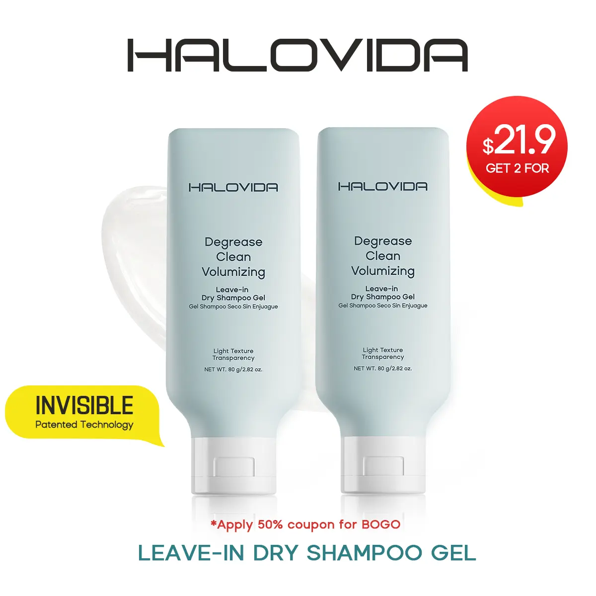 HALOVIDA Leave-in Light Hair Dry Shampoo Gel 2.28oz,No-Rinse Shampoo Gel,Instant Oil Absorption & Invisible Volume Boost,Long-Lasting Oil Control,Soothing & Comfort,Affordable,4D hyaluronic acid