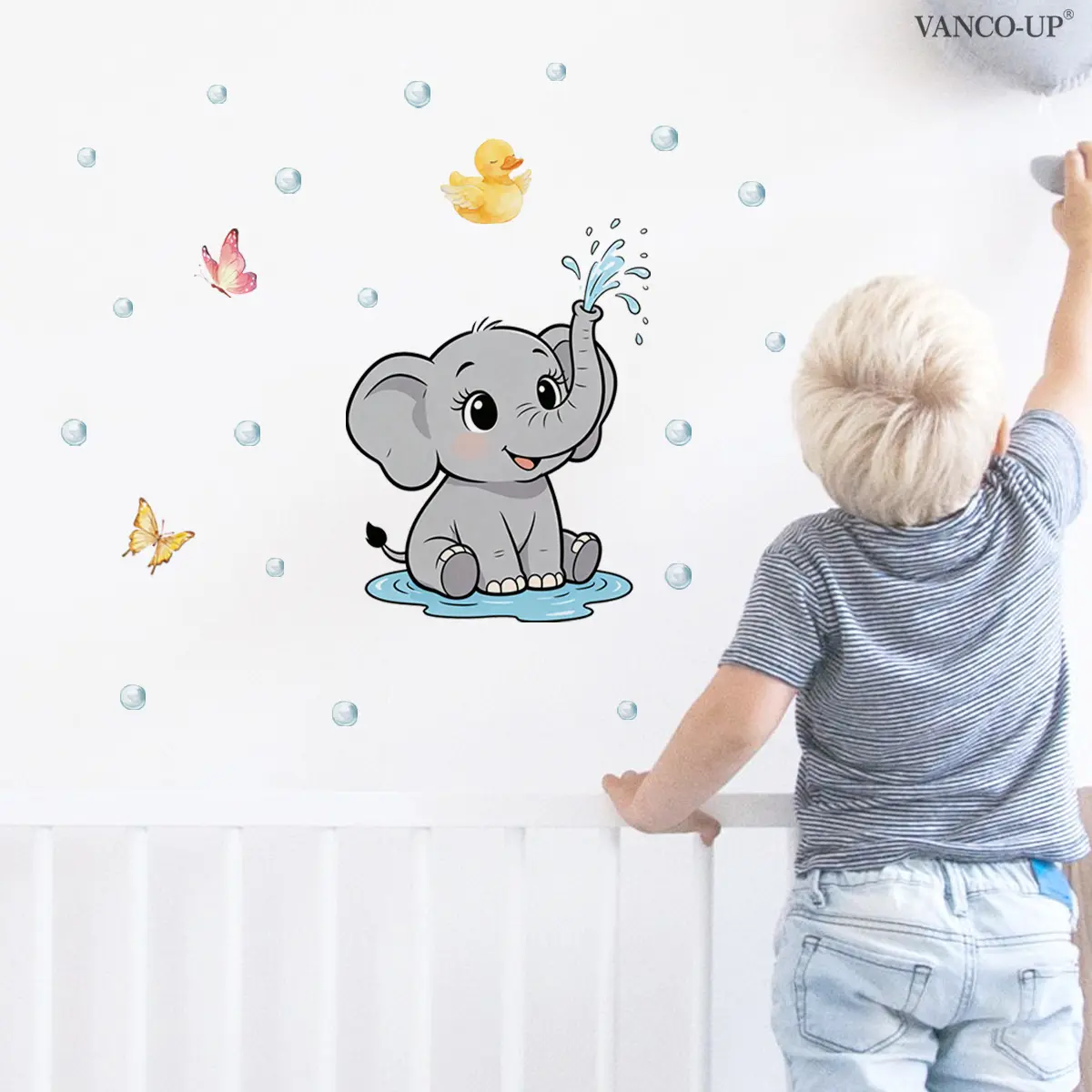 1Pc (30*40cm) Ins Style Bathing Elephant Wall Sticker, Cartoon Spraying Elephant with Yellow Duck & Bubble Elements, Self-adhesive Wall Decor for Kids Room & Bathroom