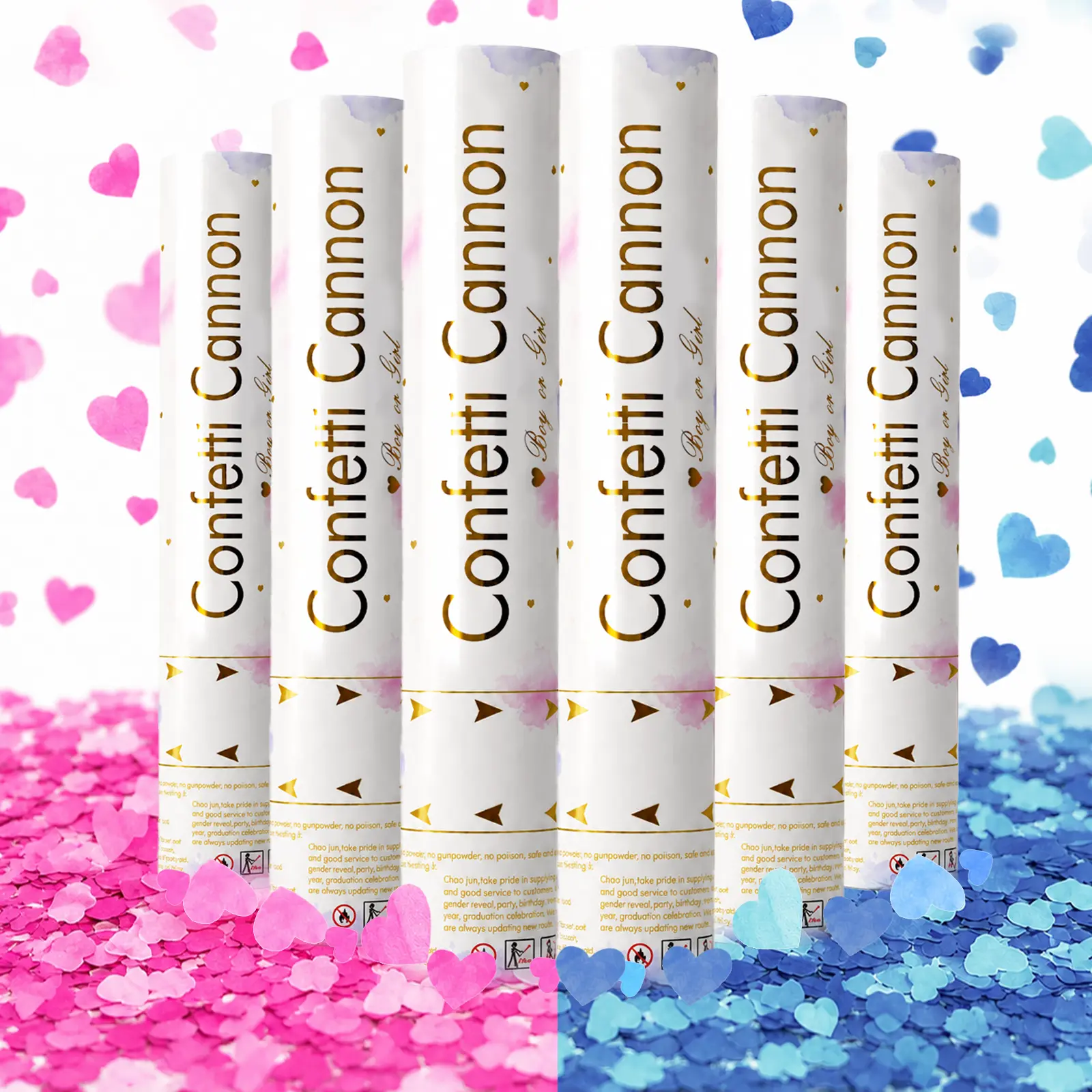 Gender Reveal Confetti Cannons 6 Pack, Pink & Blue Heart Confetti Popper for Baby Reveal Party, Surprise Boy or Girl Announcement, Party Decoration & Photo Moment