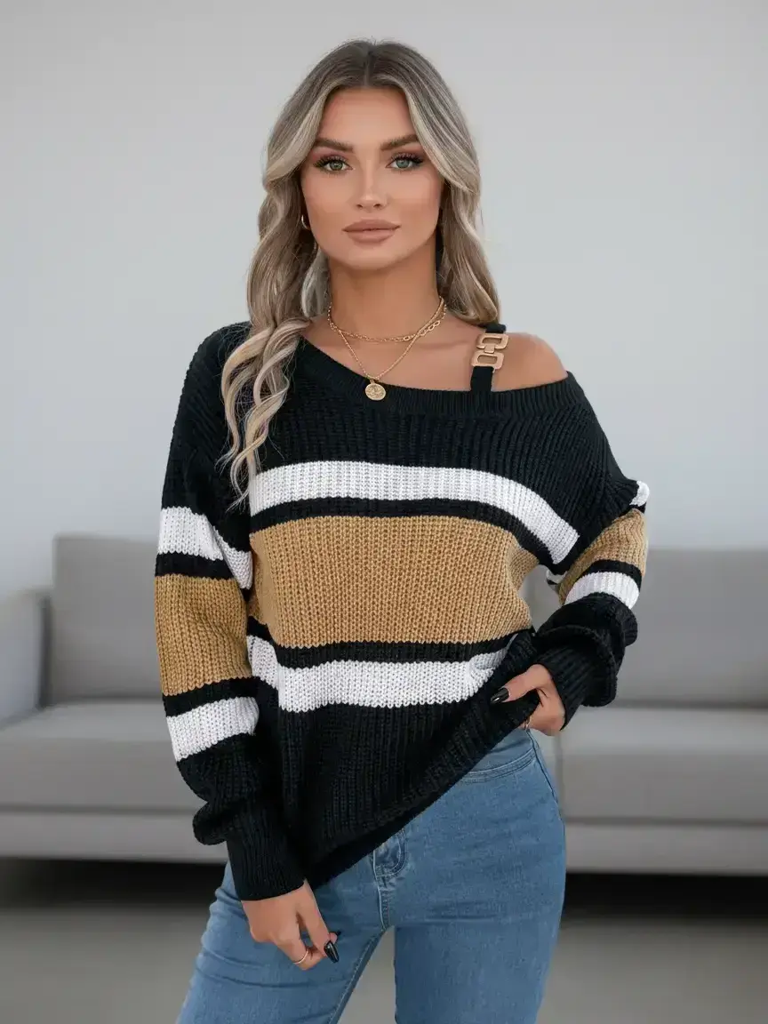 Women's Striped Print Asymmetrical Neckline Buckle Decor, Casual Drop Shoulder Long Sleeve Knitted Pullover Jumper for Fall & Winter, Fashion Ladies' Knitwear for Daily Wear Tops, Knit Sweater Pullover