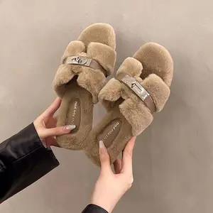Fluffy Women's Soft FurrySlippers 2025 Spring Autumn Round ToeNon-Slip Sole Adjustable Straps ElegantHome Wear Flipflop Girl Walking Shoes