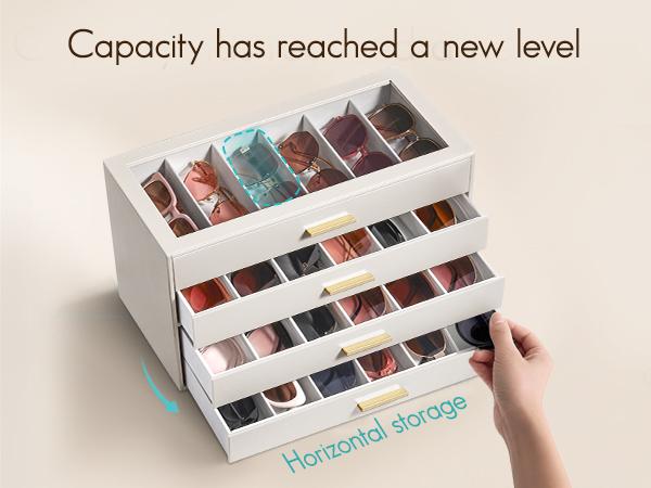VLANDO Sunglasses Organizer Case,  Eyeglass Storage Box with Clear Lid and 2/3/4 Drawers, PU Leather Glasses Holder for Women and Men, bedroom  organizer summerwins,dorm essentials,home decor