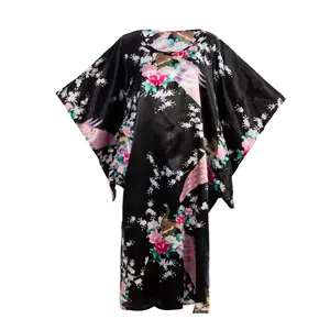 Women's Satin Kimono Robe - Traditional Japanese Style Asian Floral Peacock Print, Sexy Polyester Silky Loose Nightwear, 1-Size Fits Most, Long Sleeves, Beach Vibe Everyday Bridal Pajama Housedress, Ideal for Maternity Use