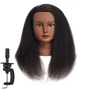 Traininghead 100% Real Hair Mannequin Head Cosmetology Doll Head Manikin Practice Head Hairdresser With Free Clamp Holder Female (Black Hair B)