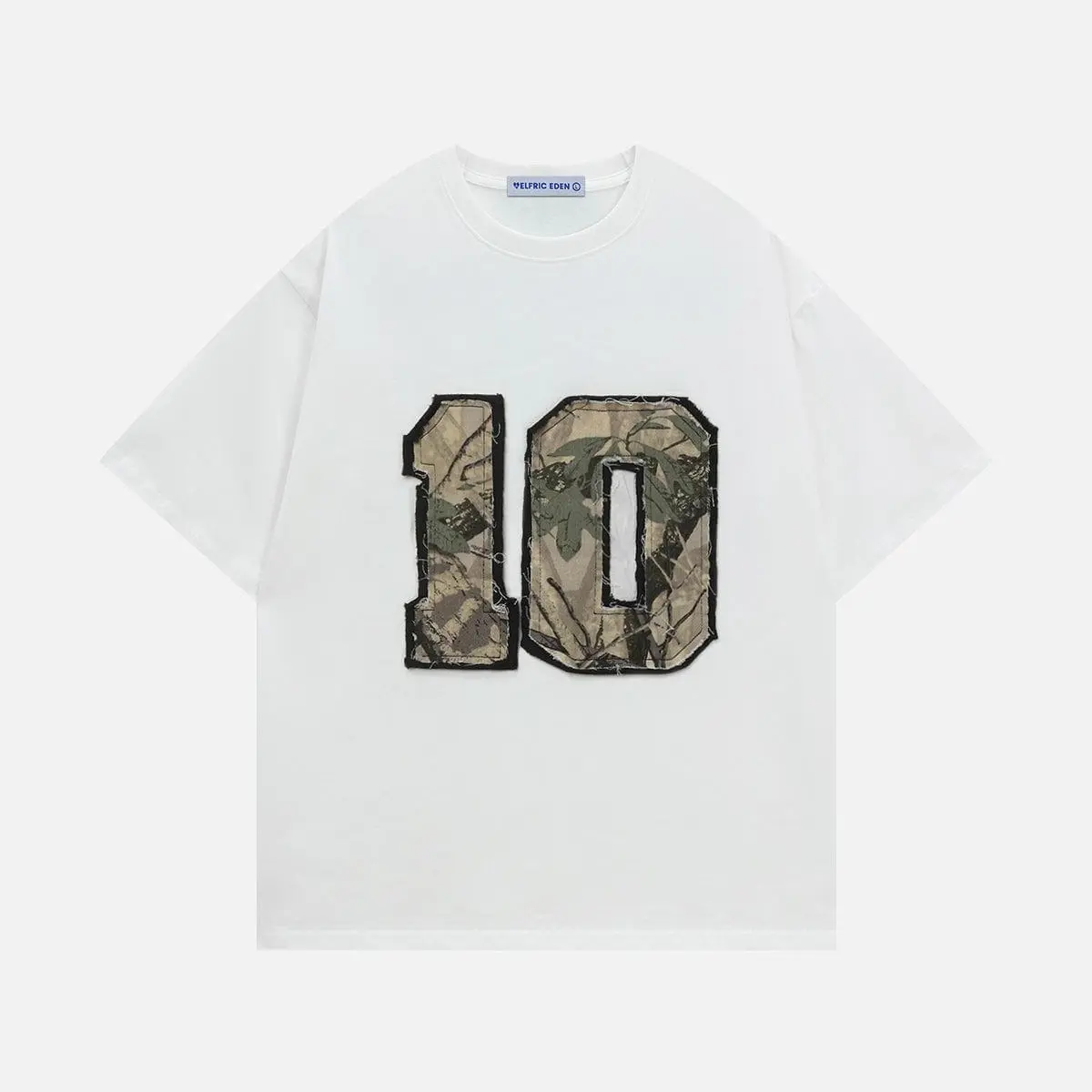 Aelfric Eden Camo 10 Patch Oversized Tee Camouflage Number Graphic Unisex Streetwear Casual T Shirt, Round Neck, Print, Top, T Shirts, Vibe, Classic, Shortsleeve, Women's Tops