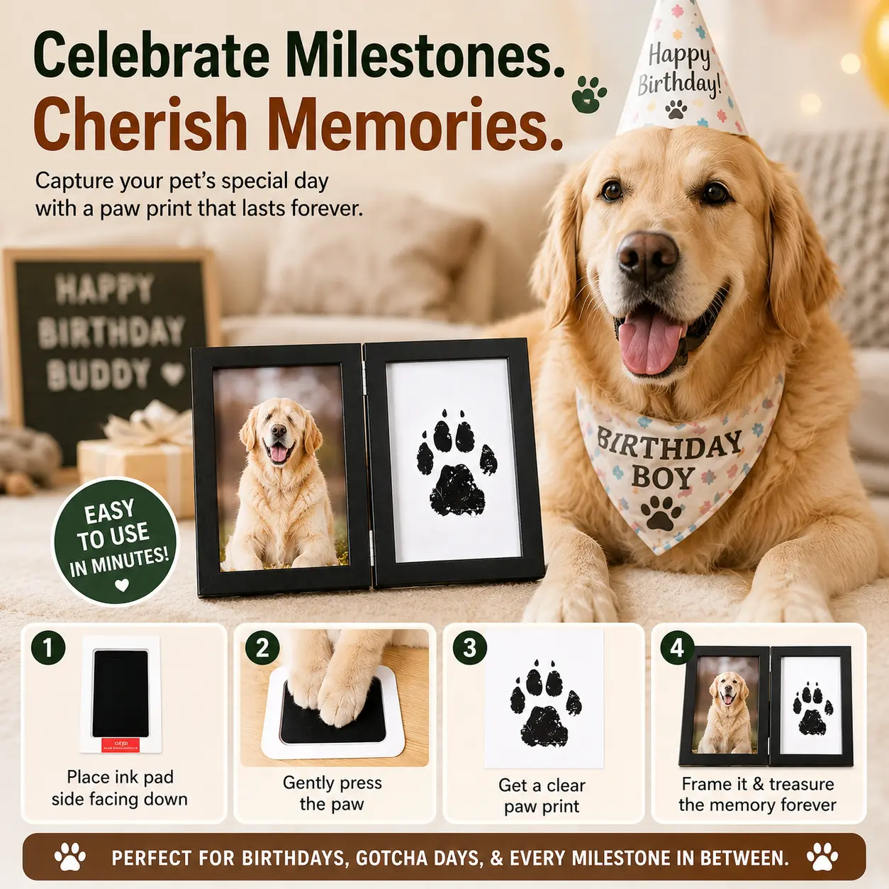 Inkless Pet Paw Print Kit with Photo Frame | Mess-Free Dog & Cat Paw Print Keepsake | Pet Memorial, Birthday Gift & Forever Memory