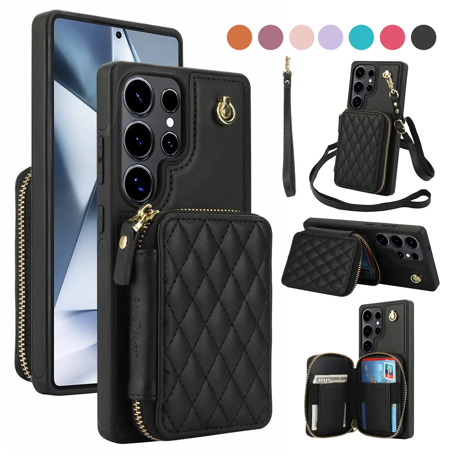 Case for Samsung Galaxy S26 Ultra S25 S24 S23 S22 Wallet Cell Cover with Wrist Crossbody Strap RFID Blocking Credit Card Holder & Kickstand PU Leather Zipper Handbag Purse Flip Cover for Women, Cash, Lanyard
