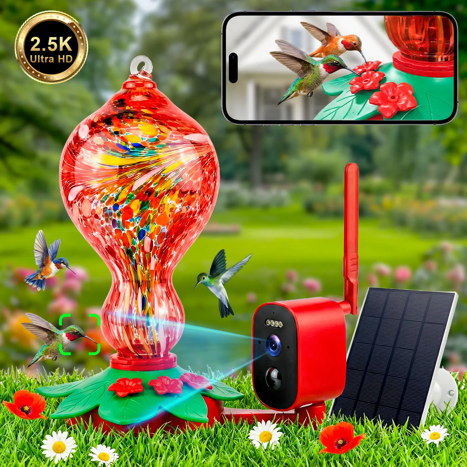 Smart Hummingbird Feeder with Camera, 2.5K HD Hand Blown Glass Bird Feeders for Outdoors,  47.07 oz Solar Powered with AI Bird ID, IP66 Waterproof, Auto Capture, Motion Alert,  Perfect Gift for Parents & Bird Lovers