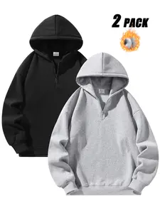 Men's Fleece-Lined Athletic Half-Zip Long Sleeve Cropped Minimalist Hoodie - Fitted, Plain Color, Basic Style, Warm & Comfortable for Daily Wear, Street Casual & Outdoor Activities， Unisex Fleece Casual Sweatshirt ，Men's Upper Body Sweater