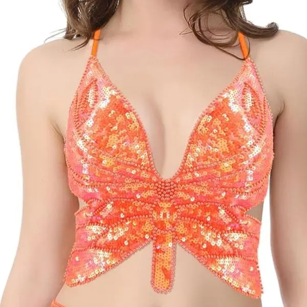 Tops de Mariposa con Lentejuelas Naranja y Rosa