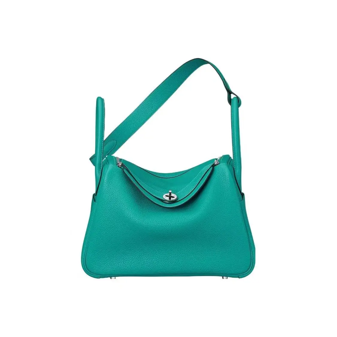 Pre-owned HERMÈS leather Shoulder Bags Bleu Paon Taurillon Clemence Lindy 30 Handbag With Silver Hardware