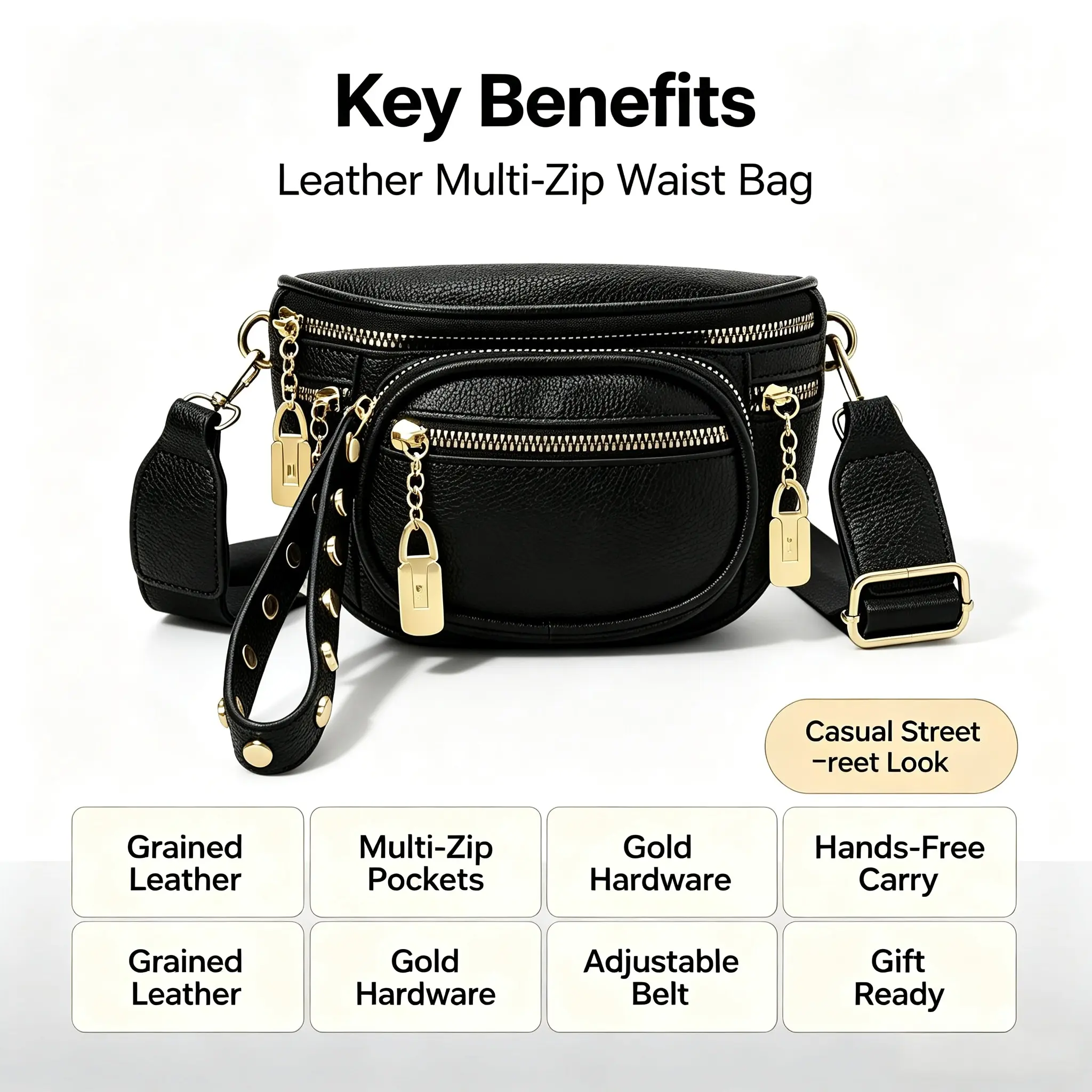 Women's Genuine Leather Crossbody Messenger Bag - Chain Strap, Lace Closure, Multi-Zip Layer, Plain Finish, Chest Bag Compatible, Casual Wear, Hand Washable High-End Everyday Carry Option, Fashionable Bags