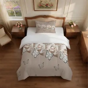 2/3pcs Romantic Butterfly & Rose Comforter Set, Vintage Cottage‑Core Single‑Sided Printed Bedding Set (No Pillow Insert), Bedroom Decoration, Ideal Home Gift for Girls & Couples