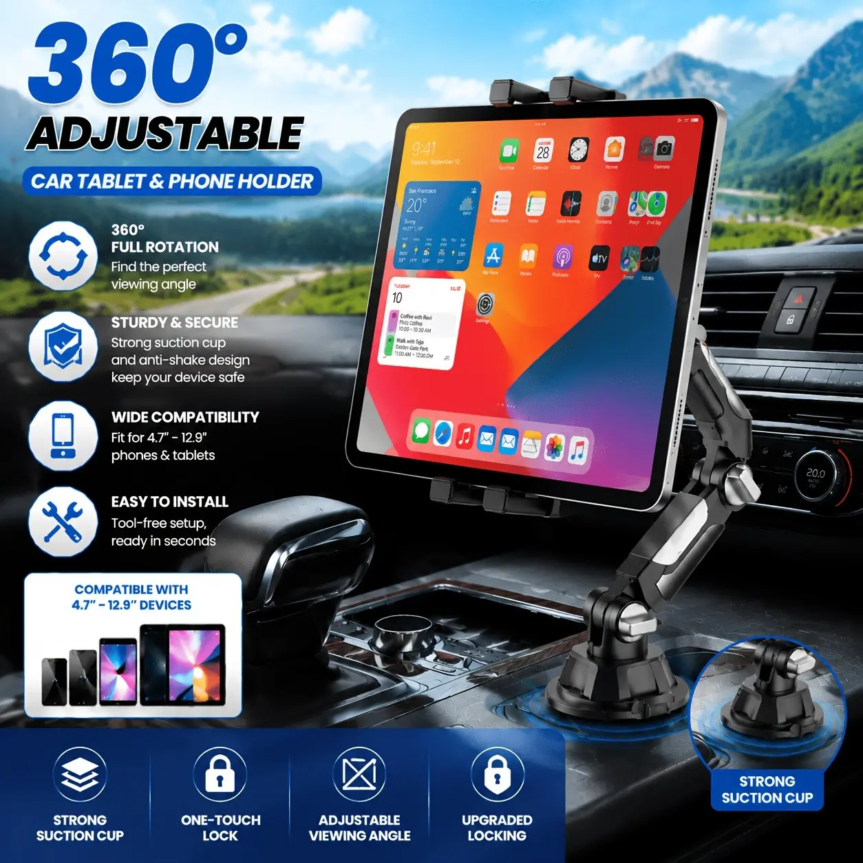 360° Adjustable Car Tablet & Phone Holder, Mechanical Arm Cup Holder Mount for Cars Accessories, 4.7-13" Fit, Strong Suction Base, Secure Grip
