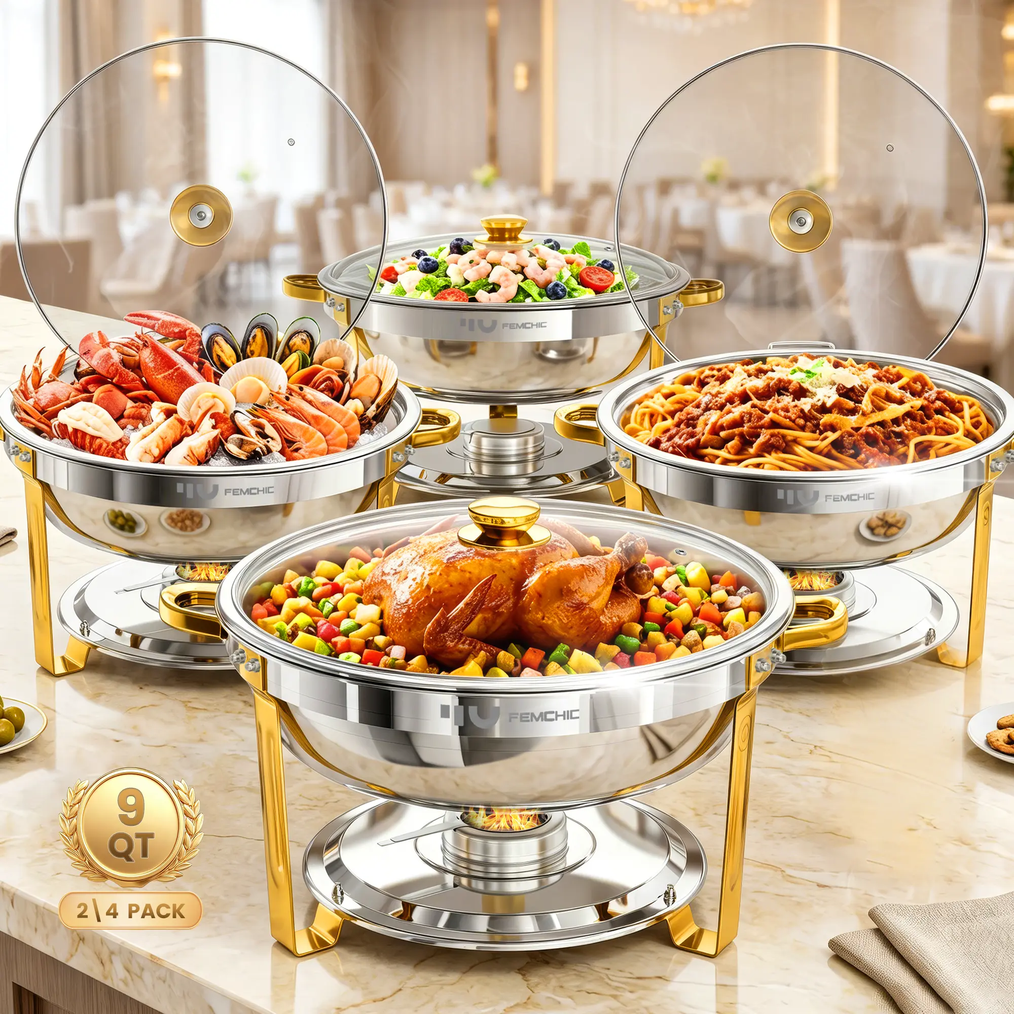 【HomeEssentials】Femchic 9QT Gold Chafing Dish Buffet Set, 2/4 Pack Stainless Steel Round Chafer Set with Glass Lid, Stackable & Smooth Rim, Dishwasher Safe, for Commercial Catering, Family Gatherings, Homecoming Parties & Weddings