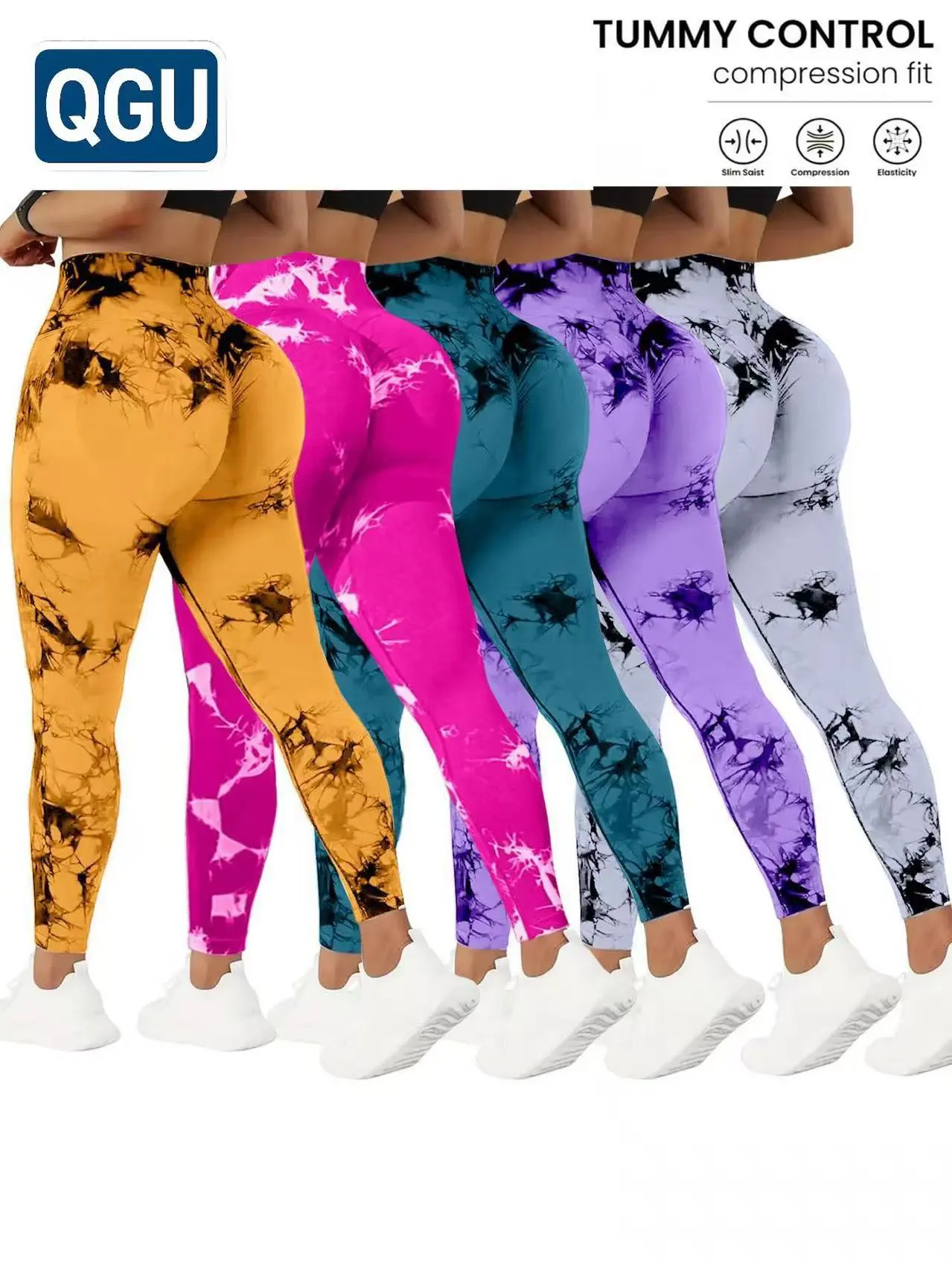 QGU 5-Pack Women's Tie Dye Print Yoga Wear, High Stretch Skinny Leggings with High Waist Tummy Control and Peach Lift