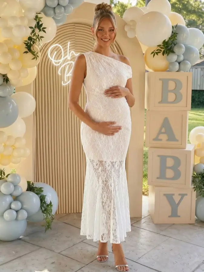MAGICMOM Maternity Lace Asymmetric Neck Fishtail Hem Elegant Dress Dress Gender Reveal Dress Maternity Dress Baby Shower Dress