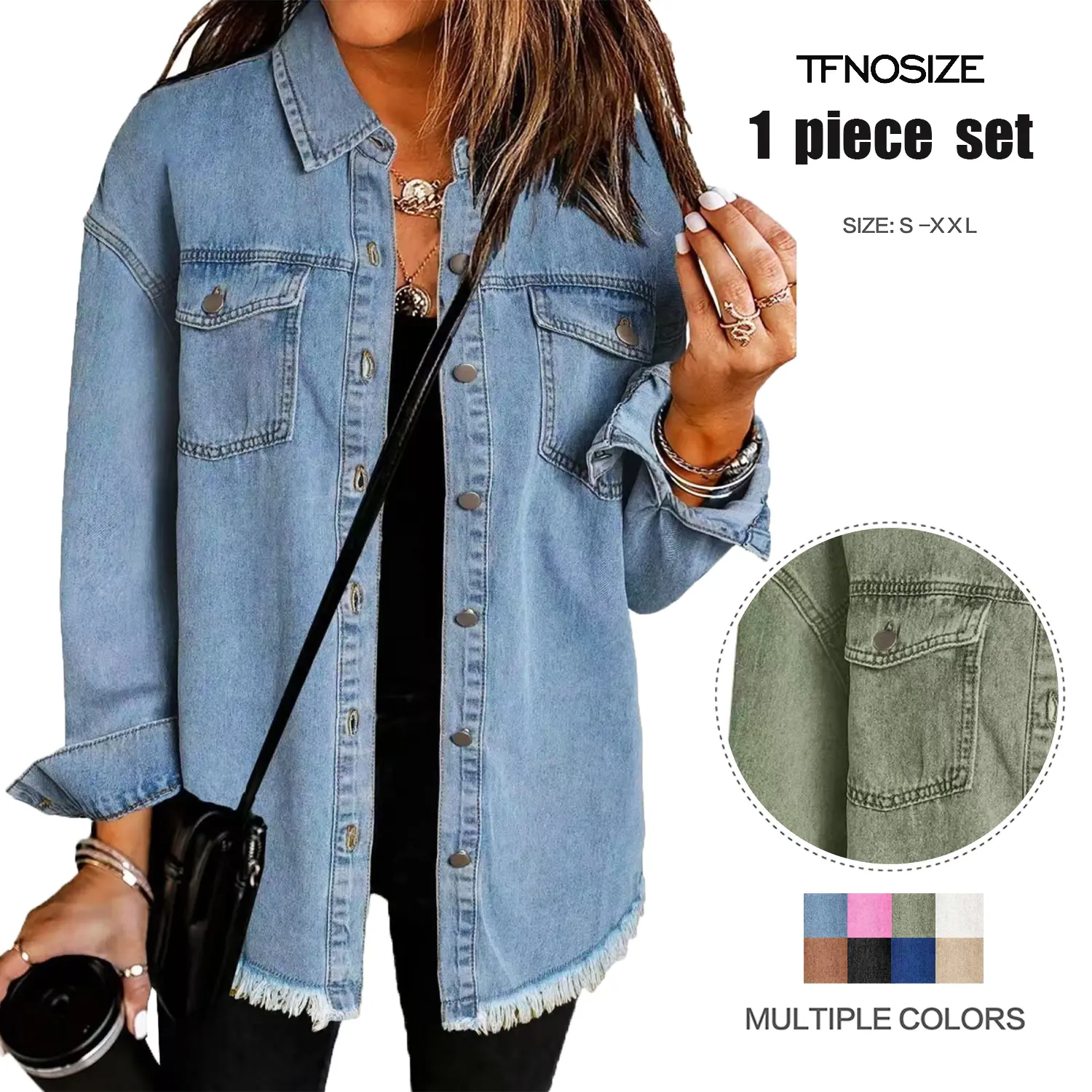 Women's Oversized Distressed Denim Jacket - Longsleeves, Minimalist, Casual, Light, Ripped Fringes, Pockets, Soft Polyester Tops Clothes Outerwear - Ideal for Back-to-School Outfits #TikTokShopStockUp,summerwins