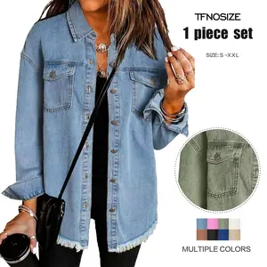 TFNOSIZE Women's Oversized Distressed Denim Jacket: Ripped, Fringed, Casual Long-Sleeve Jacket with Pockets – Soft, Fashionable Fabric – A Great Choice for Back-to-School Outfits.#TikTokShopStockUp