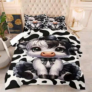 Cute Highland Cow Comforter Set, Soft Breathable Cow Print Bedding for Girls, 1 Quilt + 1/2 Pillowcases, All-Season Kawaii Cow with Bow & Tutu Quilt for Bedroom, Dorm & Playroom Decor, Twin/Full/Queen Size