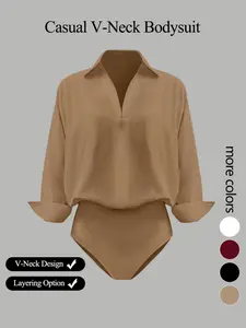 Women's casual loose V-neck long-sleeved shirt jumpsuit, elegant lightweight woven fabric, slim fit, suitable for all seasons, and can be layered flexibly.