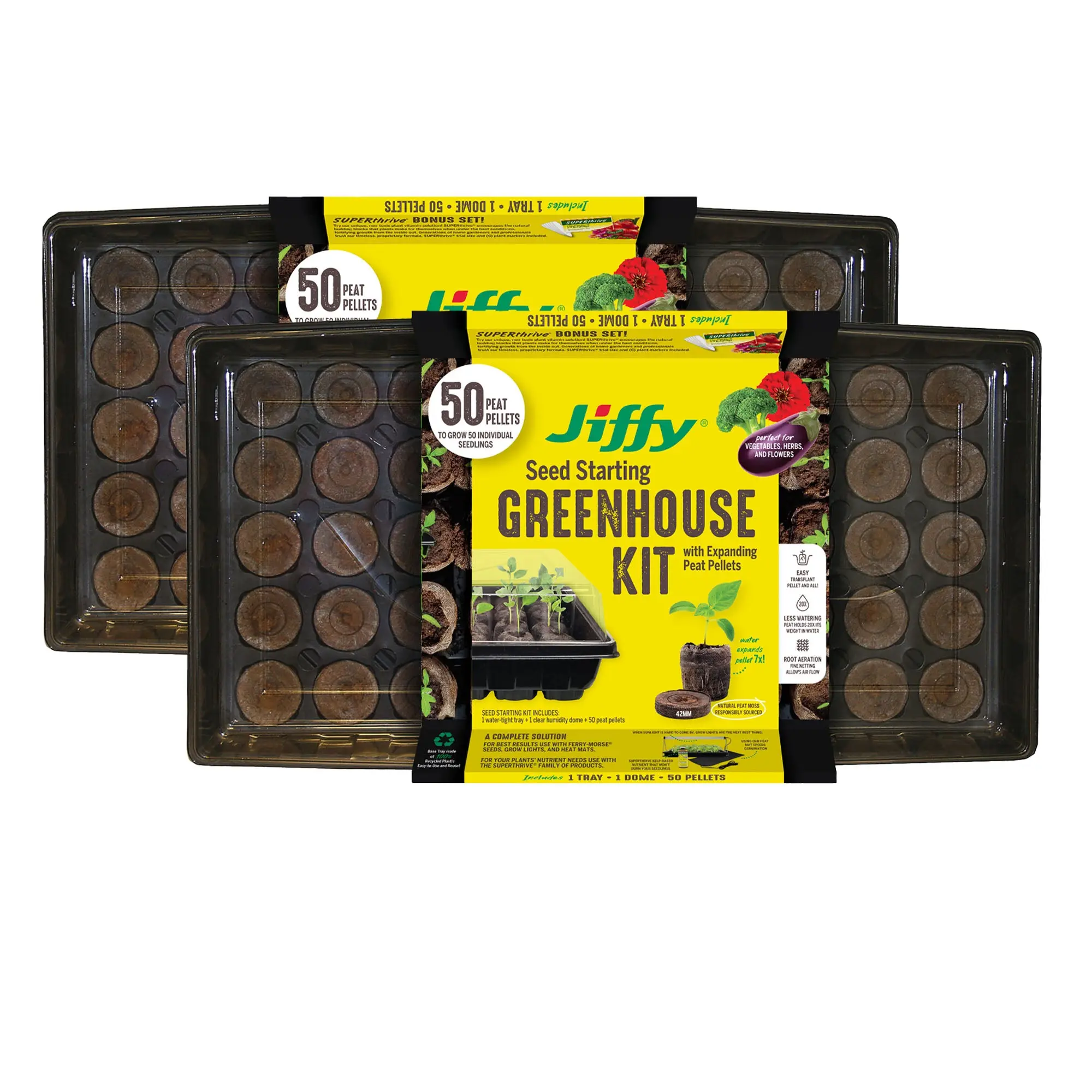 Jiffy Garden Greenhouse Seed Starter Tray Kit, 2-Pack Plant Growing Set with 50-Cell 42mm Peat Pellets, Bonus SUPERthrive and Plant Labels (100 Pellets Total), Garden Greenhouse Kit