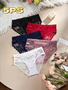 Women's Lace Triangle Panties Set, Comfortable Soft Half-Transparent Seamless Underwear, New Style 5-Pack Ladies Lingerie