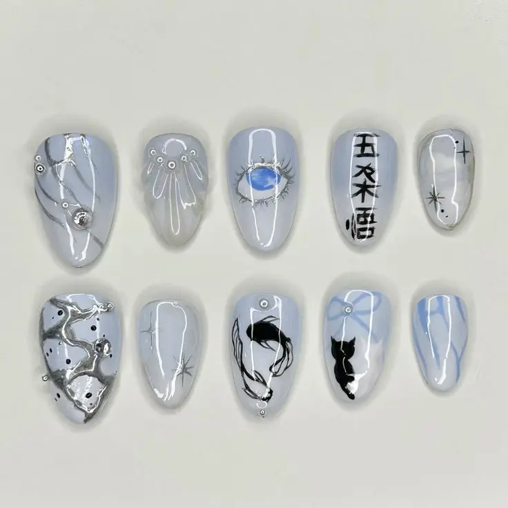 Handmade Gojo Satoru Inspired Press On Nails | Anime Blue Eyes Chrome Koi 3D Almond Fake Nails with FREE Adhesive Tabs FREE Nail File FREE Cuticle Stick