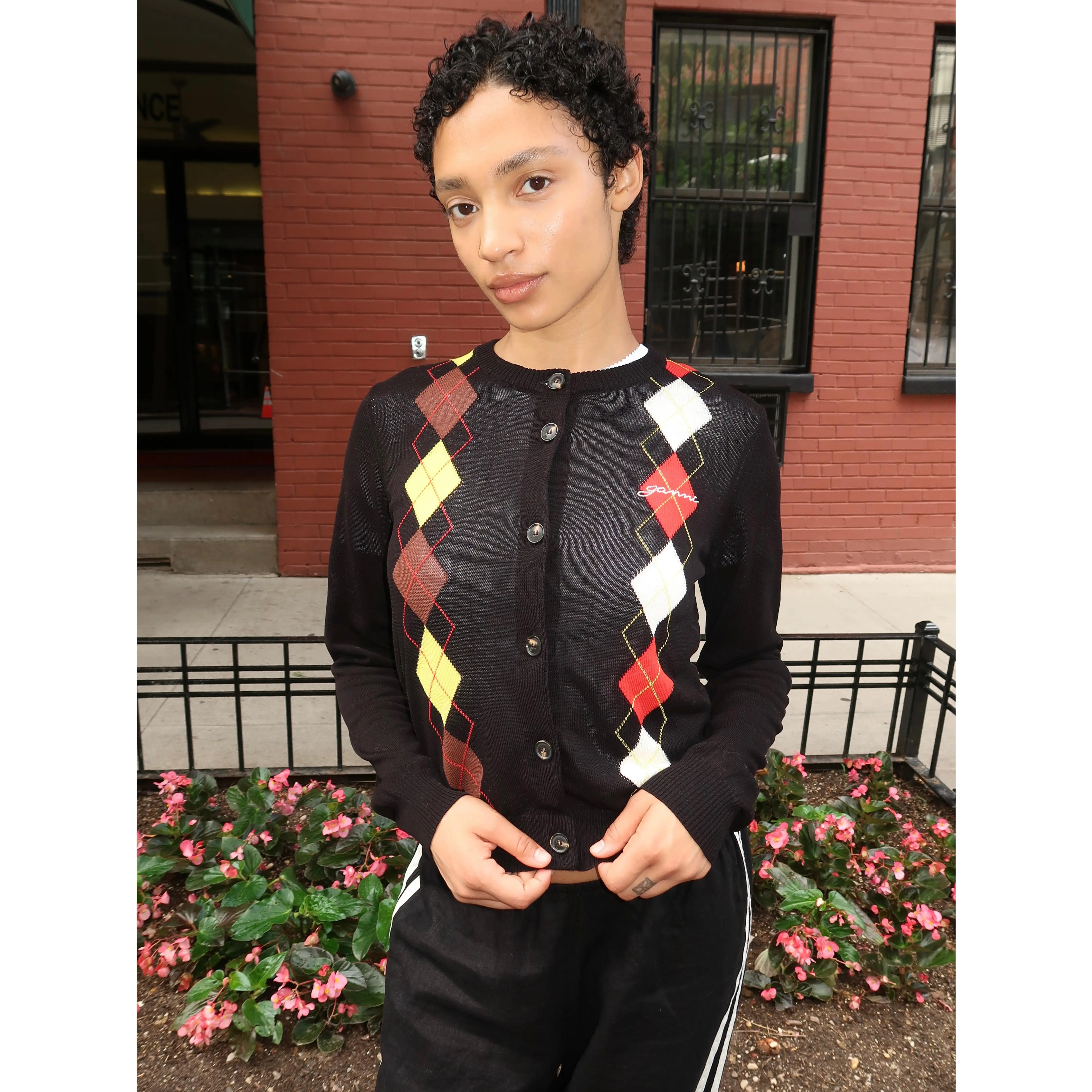 Light Cotton Argyle Cardigan in Black