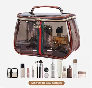 (Brown) New Retro Vintage Vanity Bag, Clear Makeup Organizer with Handle, Large Capacity Water Resistant Cosmetic Toiletry Bag for Women, Travel Skincare Storage Case, Vintage Makeup Pouch
