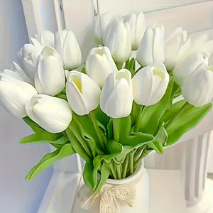 Artificial white tulips with vibrant green leaves, suitable for weddings, engagements, and home decoration, made of durable polyurethane, realistic design, engagement centerpiece decoration, timeless decoration, maintenance-free flowers
