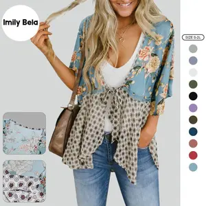 Imily Bela Womens Floral Boho Patchwork Kimono Cover Ups Ruffle Short Sleeve Chiffon Lightweight Cardigans