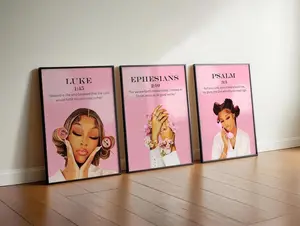 Set of 3 Pink Bible Verse Prints: Black Girl Bedroom Wall Art Poster #111154