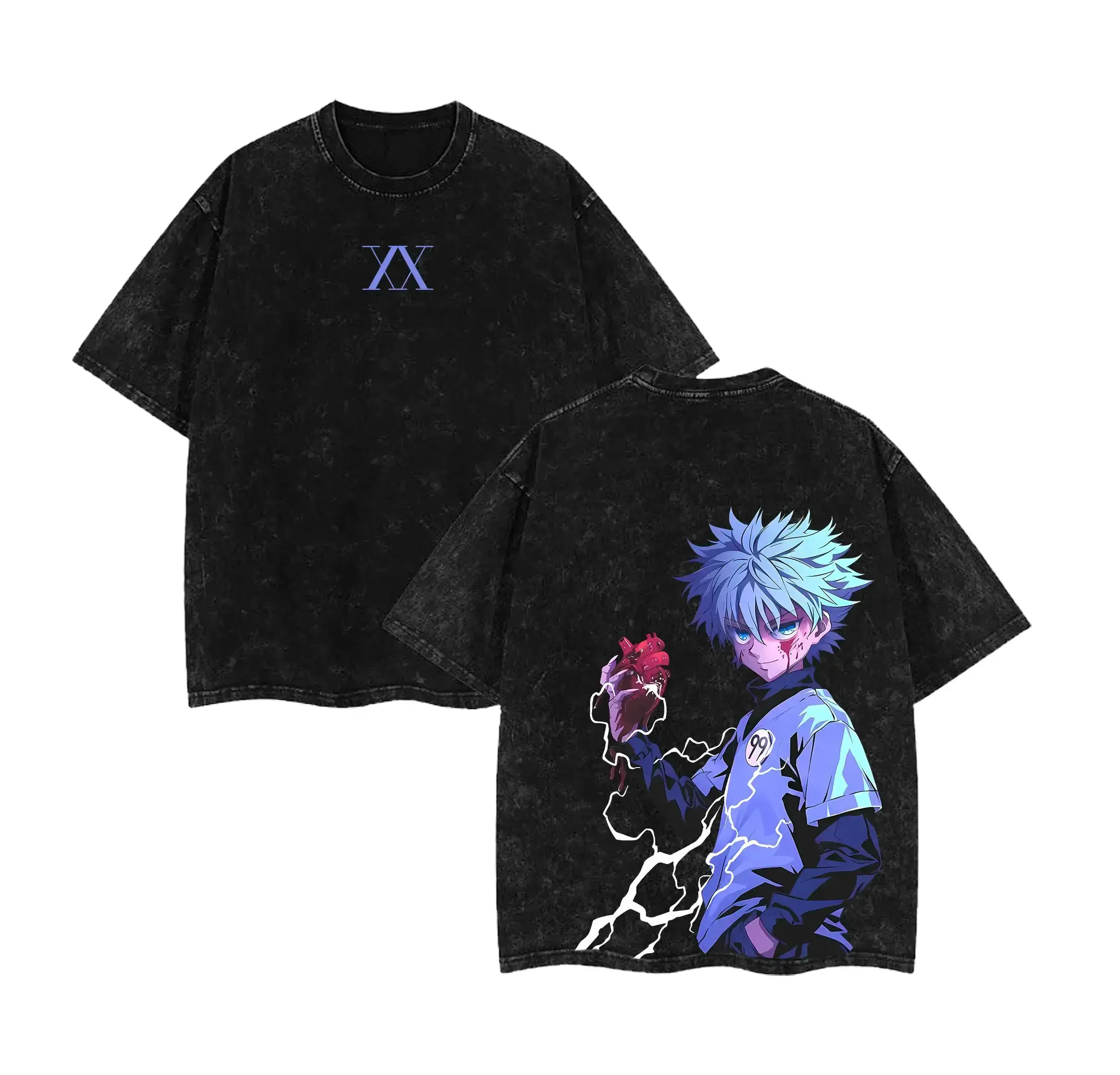 Oversize Anime Manga Washed Heavyweight Cotton T-shirt, Gift For Anime Fan, Anime Lover ,  Killua Fan,men's t shirts,graphic shirts,humor graphic tee,cotton graphic tees, funny graphic tee,vintage shirts,men's summer t shirts,  men's t shirts